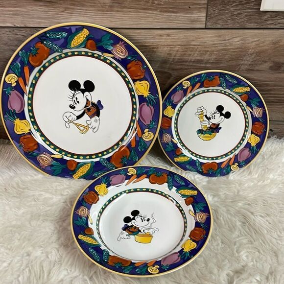 Disney Mickey Stoneware Retired Vegetable Pattern Plate Saucer Bowl Set 3 Pieces - Picture 1 of 5